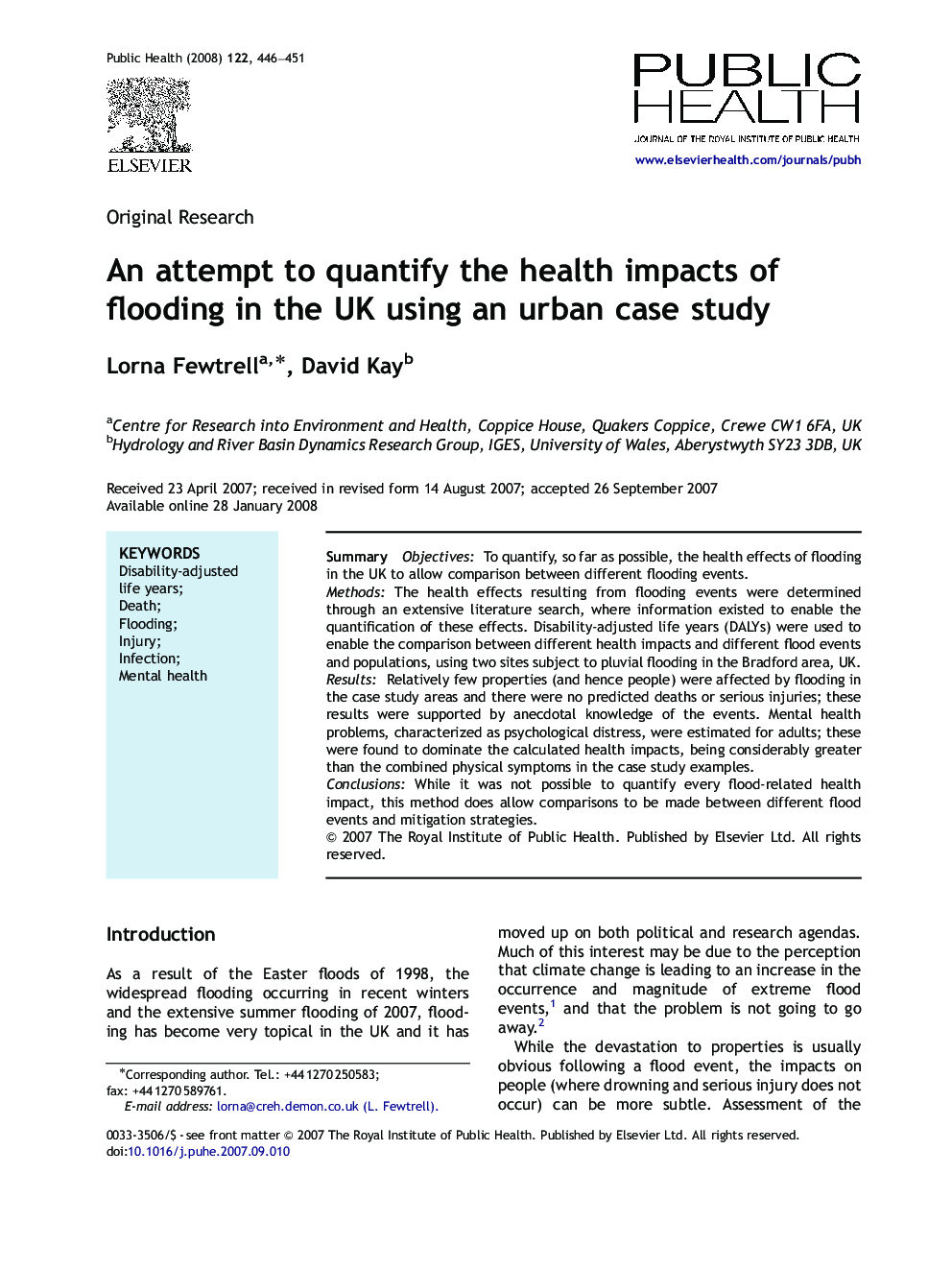 An attempt to quantify the health impacts of flooding in the UK using an urban case study