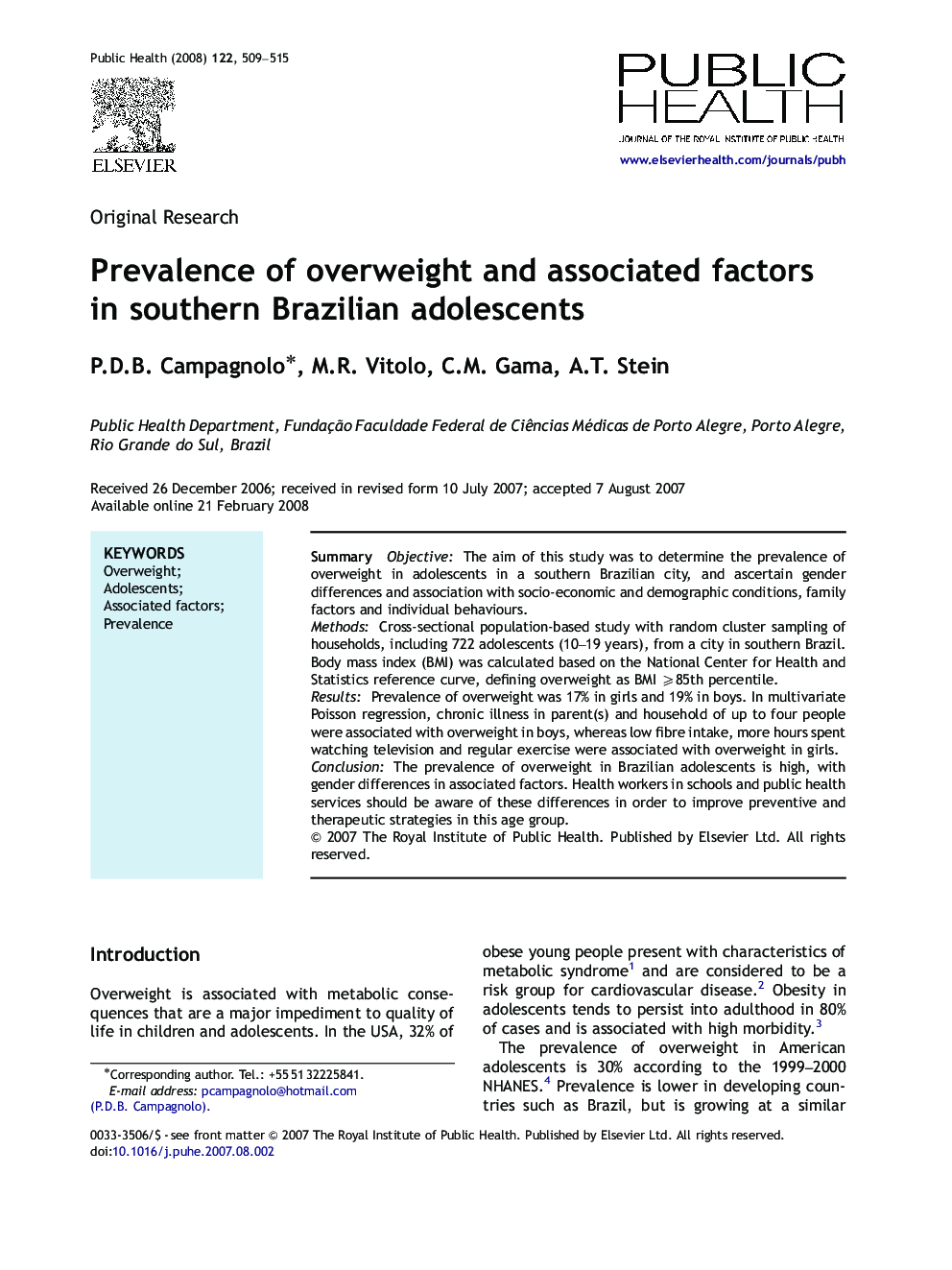 Prevalence of overweight and associated factors in southern Brazilian adolescents