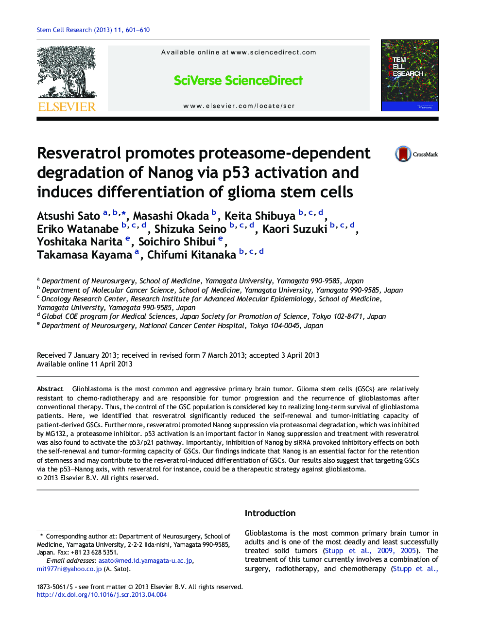 Resveratrol promotes proteasome-dependent degradation of Nanog via p53 activation and induces differentiation of glioma stem cells
