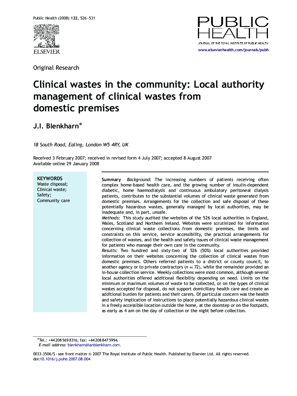 Clinical wastes in the community: Local authority management of clinical wastes from domestic premises