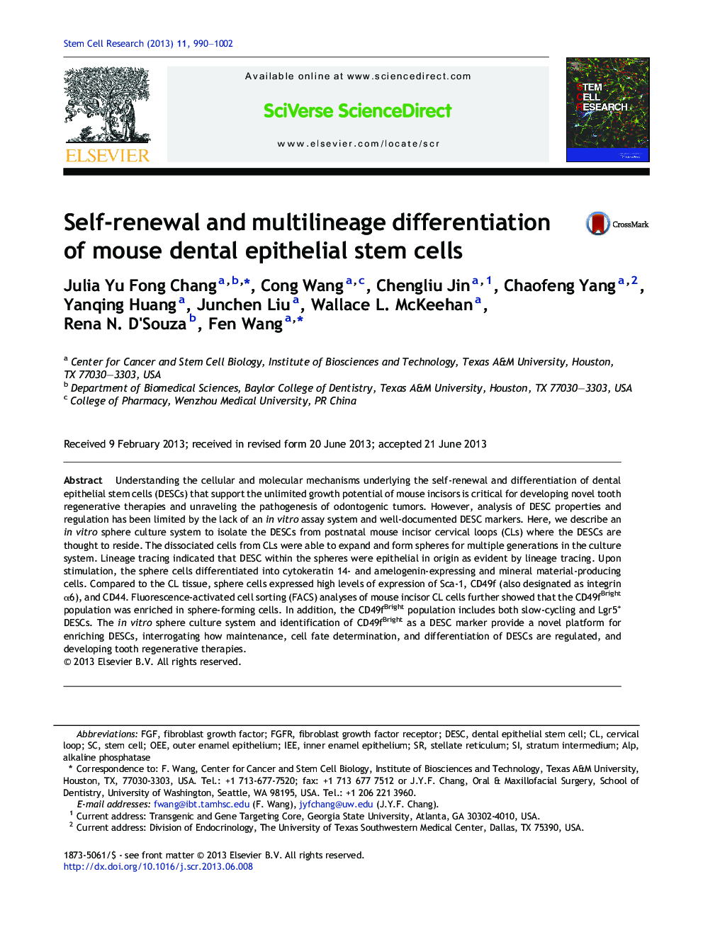 Self-renewal and multilineage differentiation of mouse dental epithelial stem cells