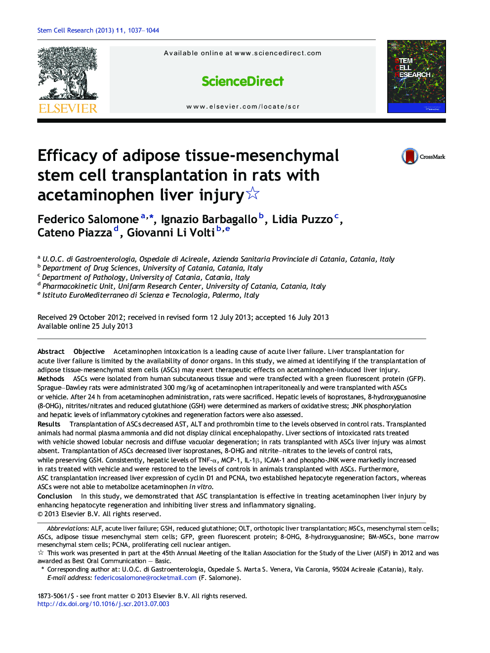 Efficacy of adipose tissue-mesenchymal stem cell transplantation in rats with acetaminophen liver injury