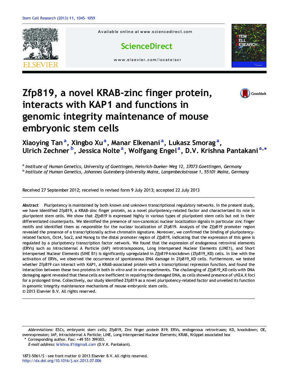 Zfp819, a novel KRAB-zinc finger protein, interacts with KAP1 and functions in genomic integrity maintenance of mouse embryonic stem cells