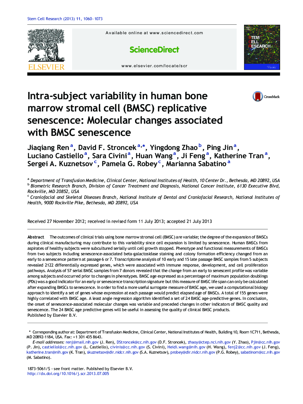 Intra-subject variability in human bone marrow stromal cell (BMSC) replicative senescence: Molecular changes associated with BMSC senescence