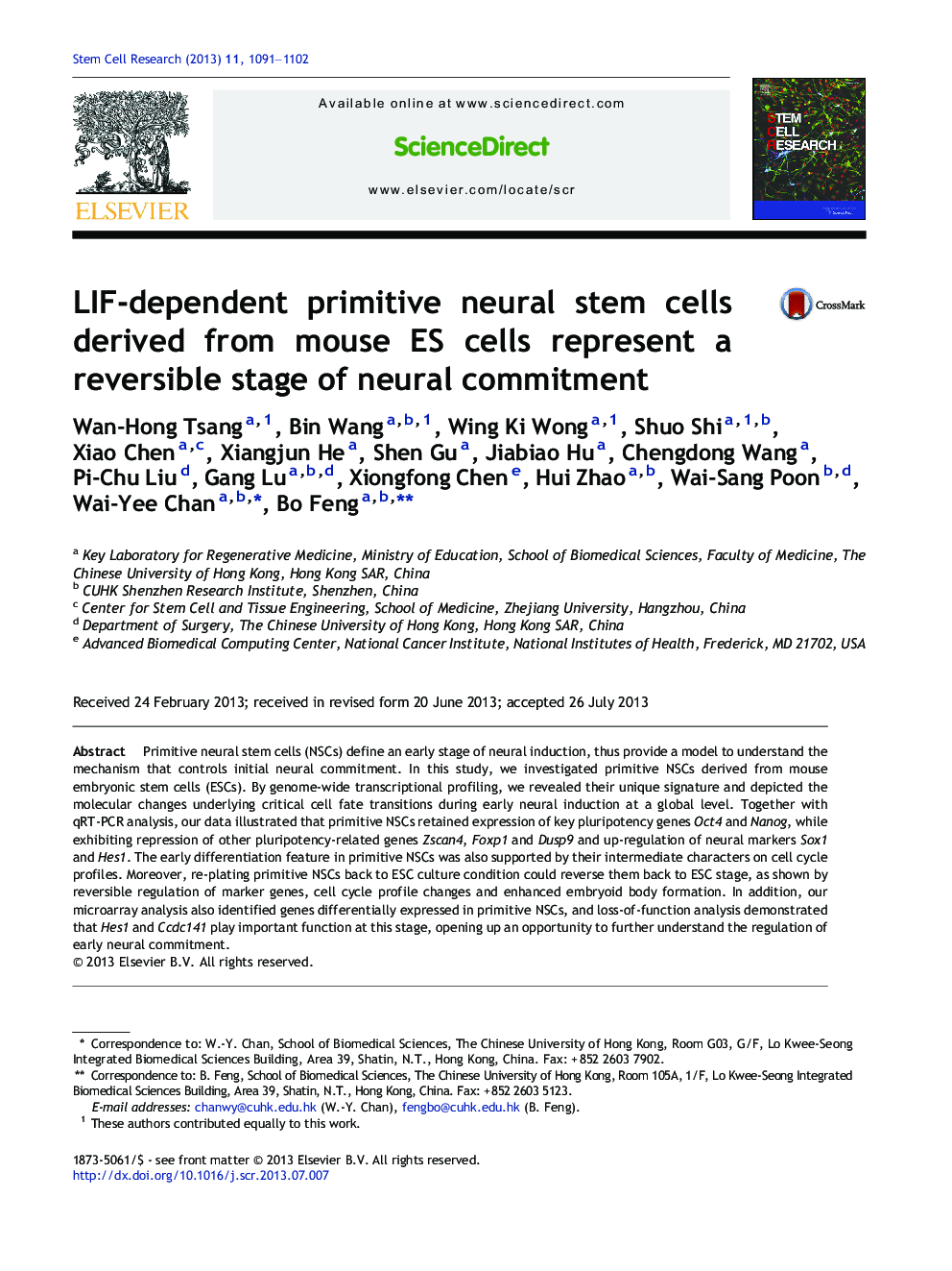 LIF-dependent primitive neural stem cells derived from mouse ES cells represent a reversible stage of neural commitment