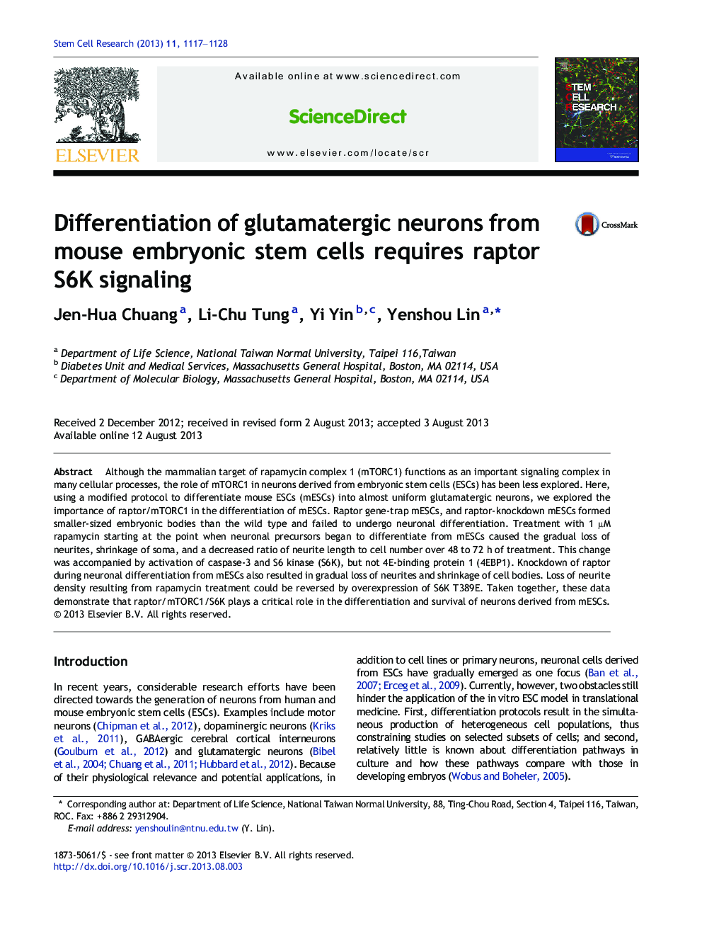 Differentiation of glutamatergic neurons from mouse embryonic stem cells requires raptor S6K signaling