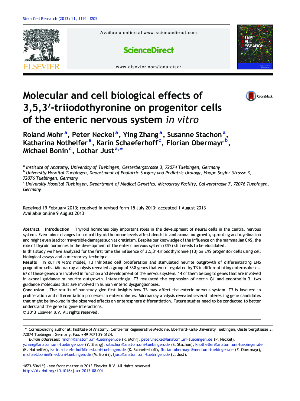 Molecular and cell biological effects of 3,5,3â²-triiodothyronine on progenitor cells of the enteric nervous system in vitro