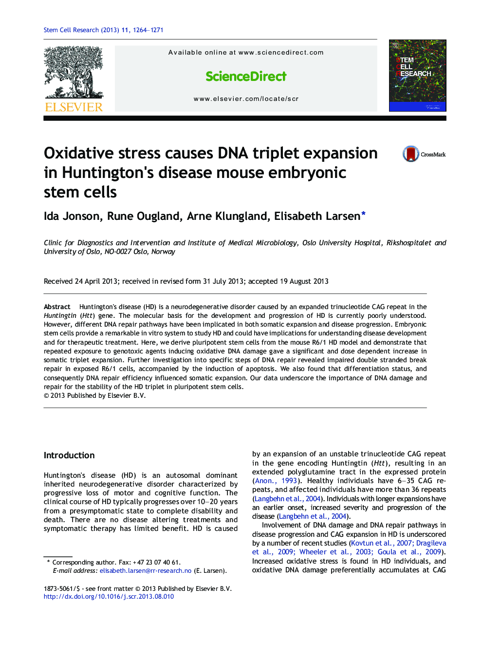 Oxidative stress causes DNA triplet expansion in Huntington's disease mouse embryonic stem cells
