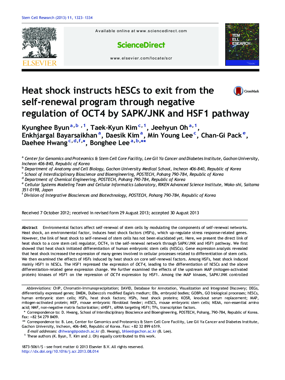 Heat shock instructs hESCs to exit from the self-renewal program through negative regulation of OCT4 by SAPK/JNK and HSF1 pathway