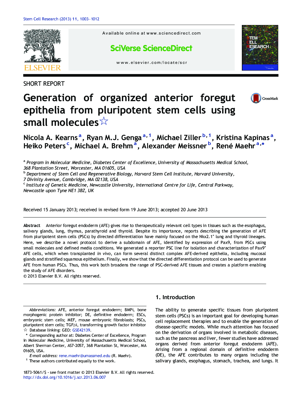 Generation of organized anterior foregut epithelia from pluripotent stem cells using small molecules