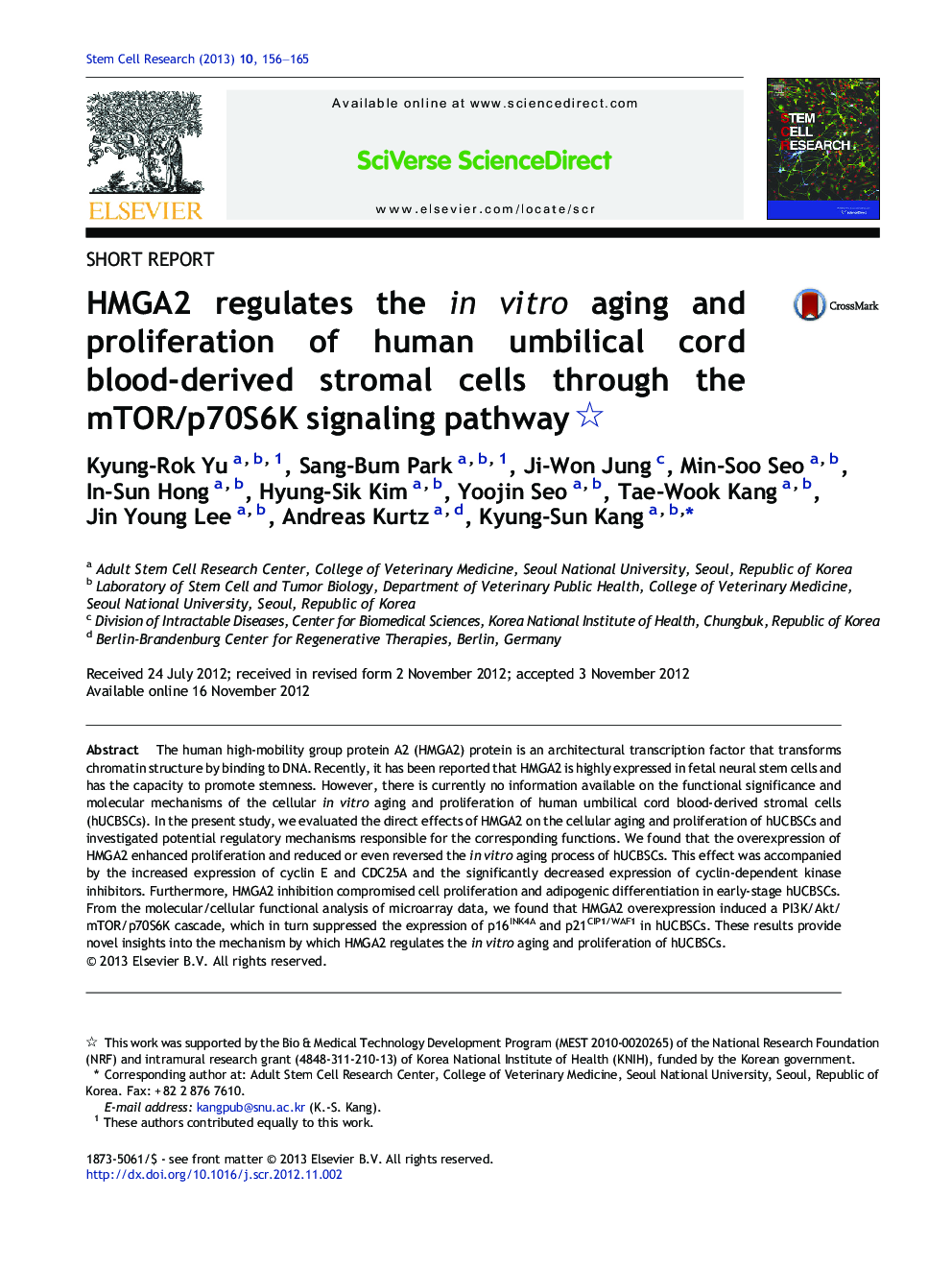 HMGA2 regulates the in vitro aging and proliferation of human umbilical cord blood-derived stromal cells through the mTOR/p70S6K signaling pathway