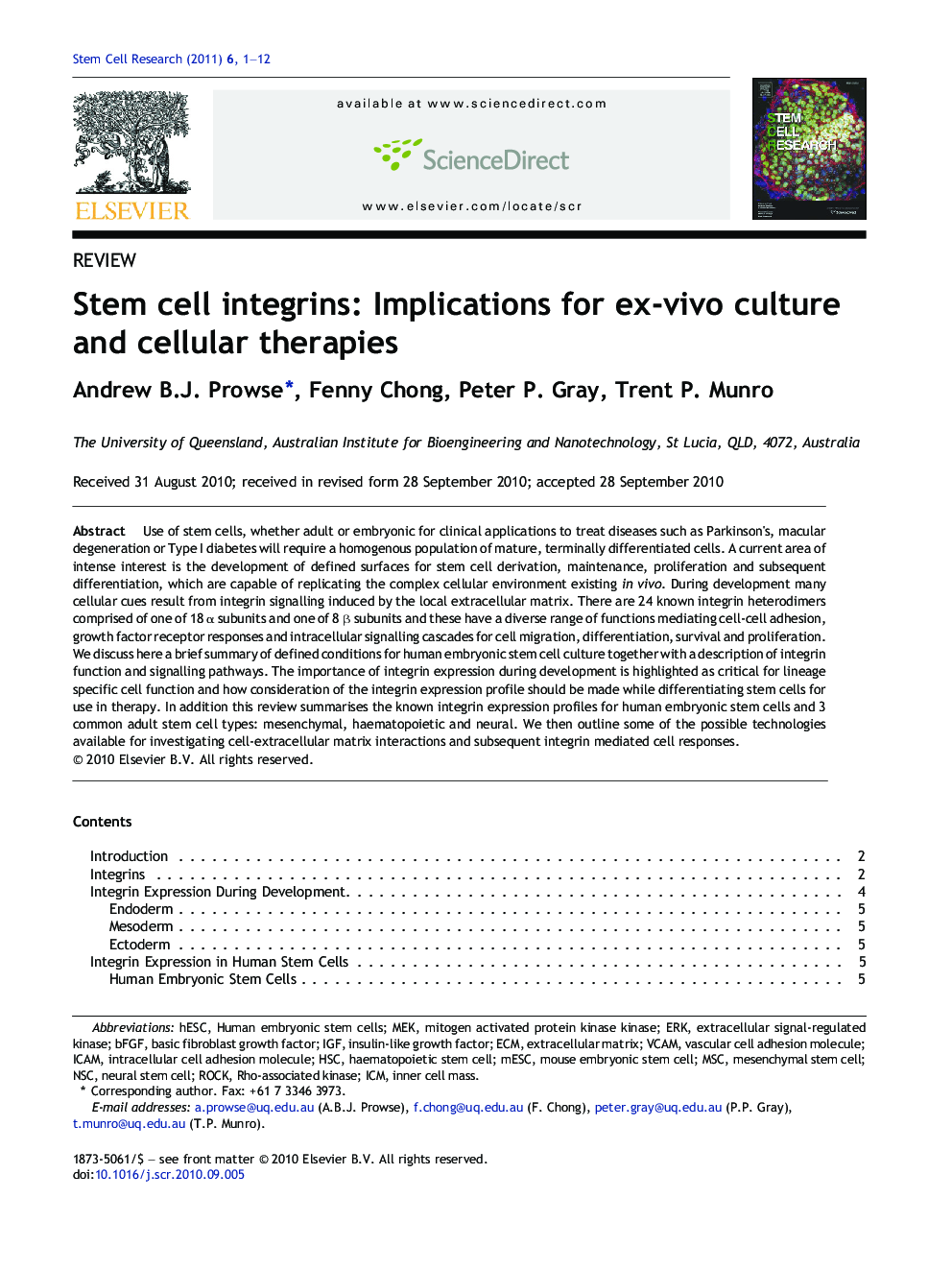 Stem cell integrins: Implications for ex-vivo culture and cellular therapies