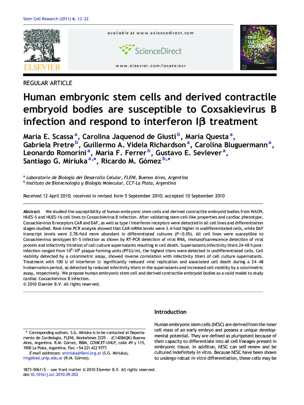 Human embryonic stem cells and derived contractile embryoid bodies are susceptible to Coxsakievirus B infection and respond to interferon IÎ² treatment
