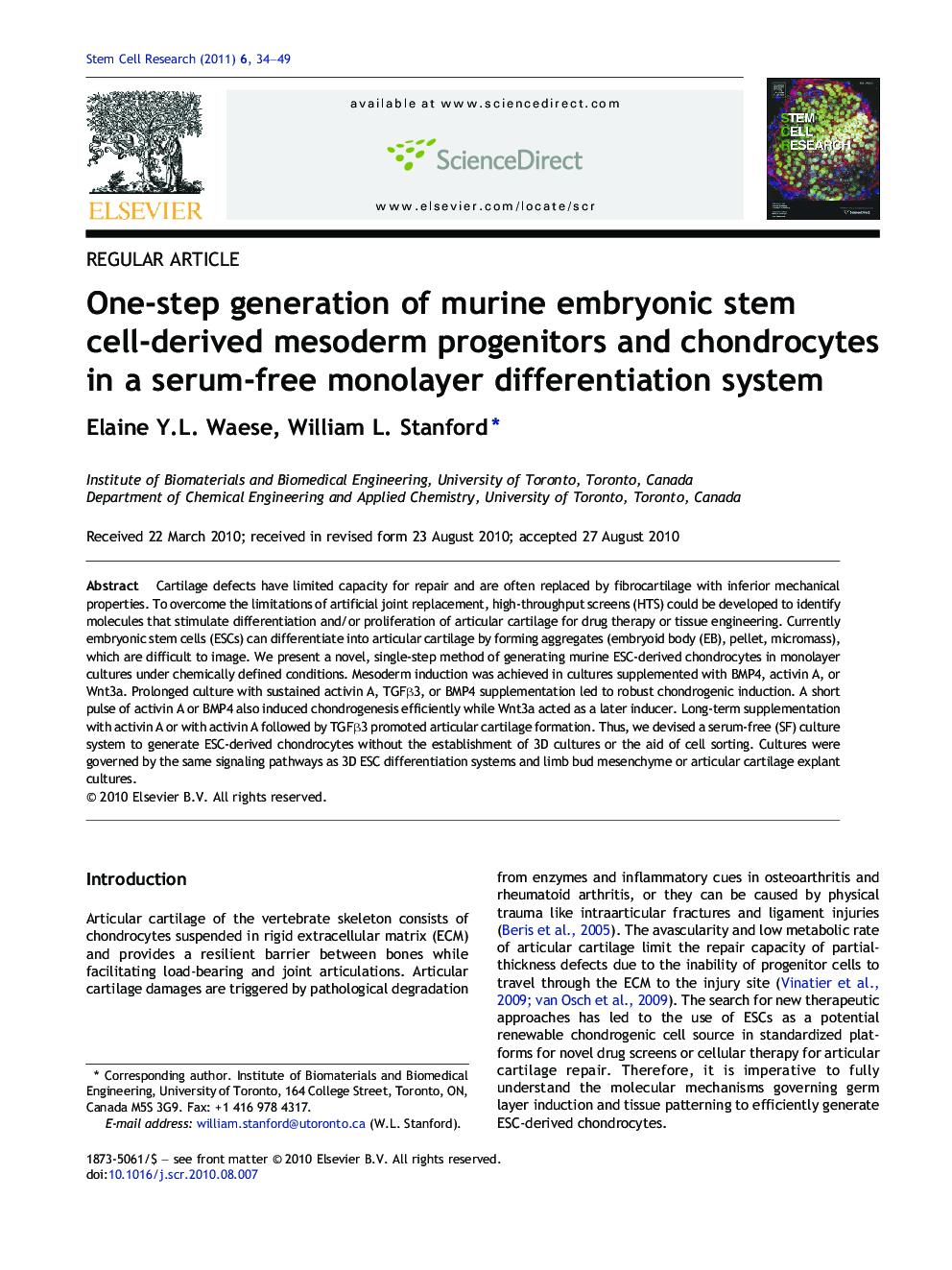 One-step generation of murine embryonic stem cell-derived mesoderm progenitors and chondrocytes in a serum-free monolayer differentiation system