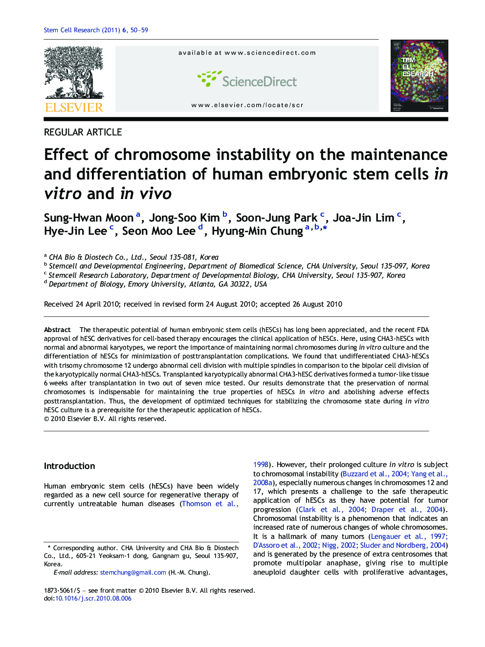 Effect of chromosome instability on the maintenance and differentiation of human embryonic stem cells in vitro and in vivo