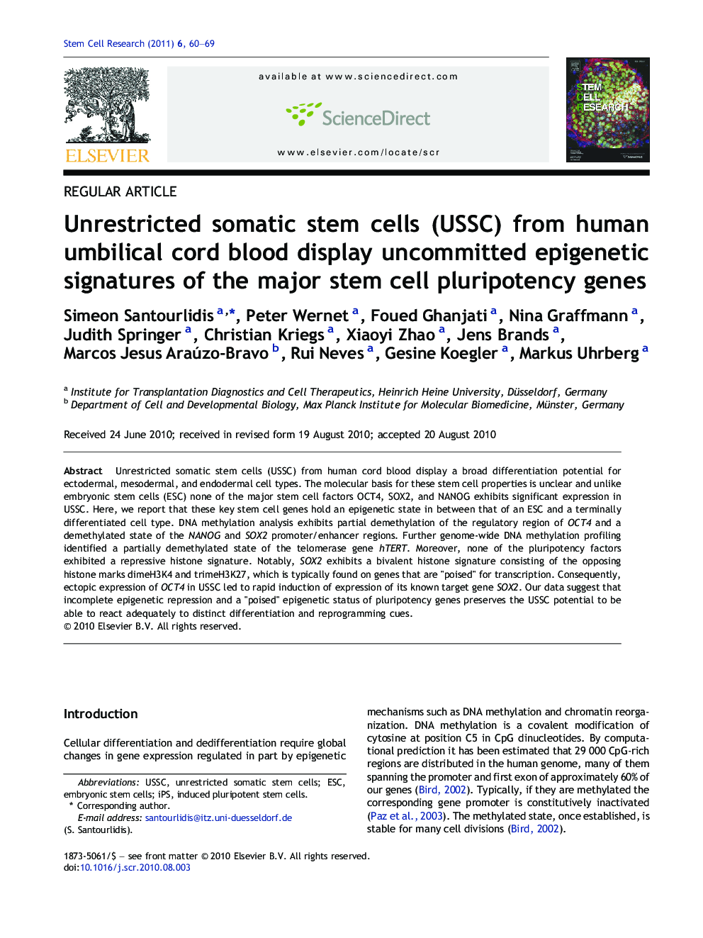 Unrestricted somatic stem cells (USSC) from human umbilical cord blood display uncommitted epigenetic signatures of the major stem cell pluripotency genes