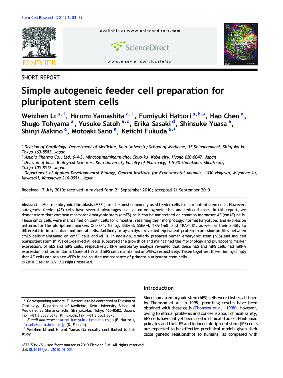 Simple autogeneic feeder cell preparation for pluripotent stem cells