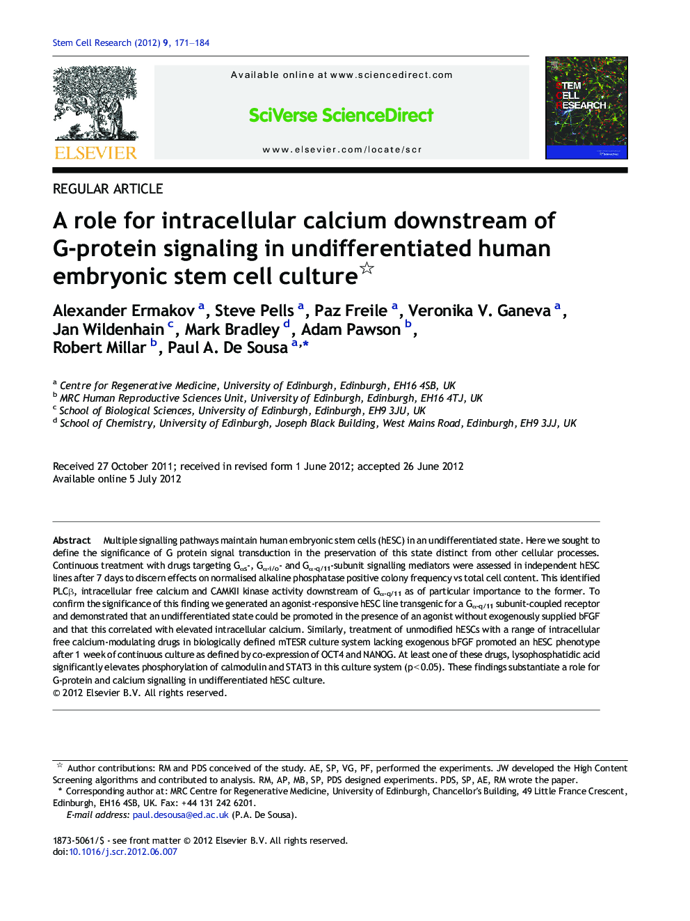 A role for intracellular calcium downstream of G-protein signaling in undifferentiated human embryonic stem cell culture