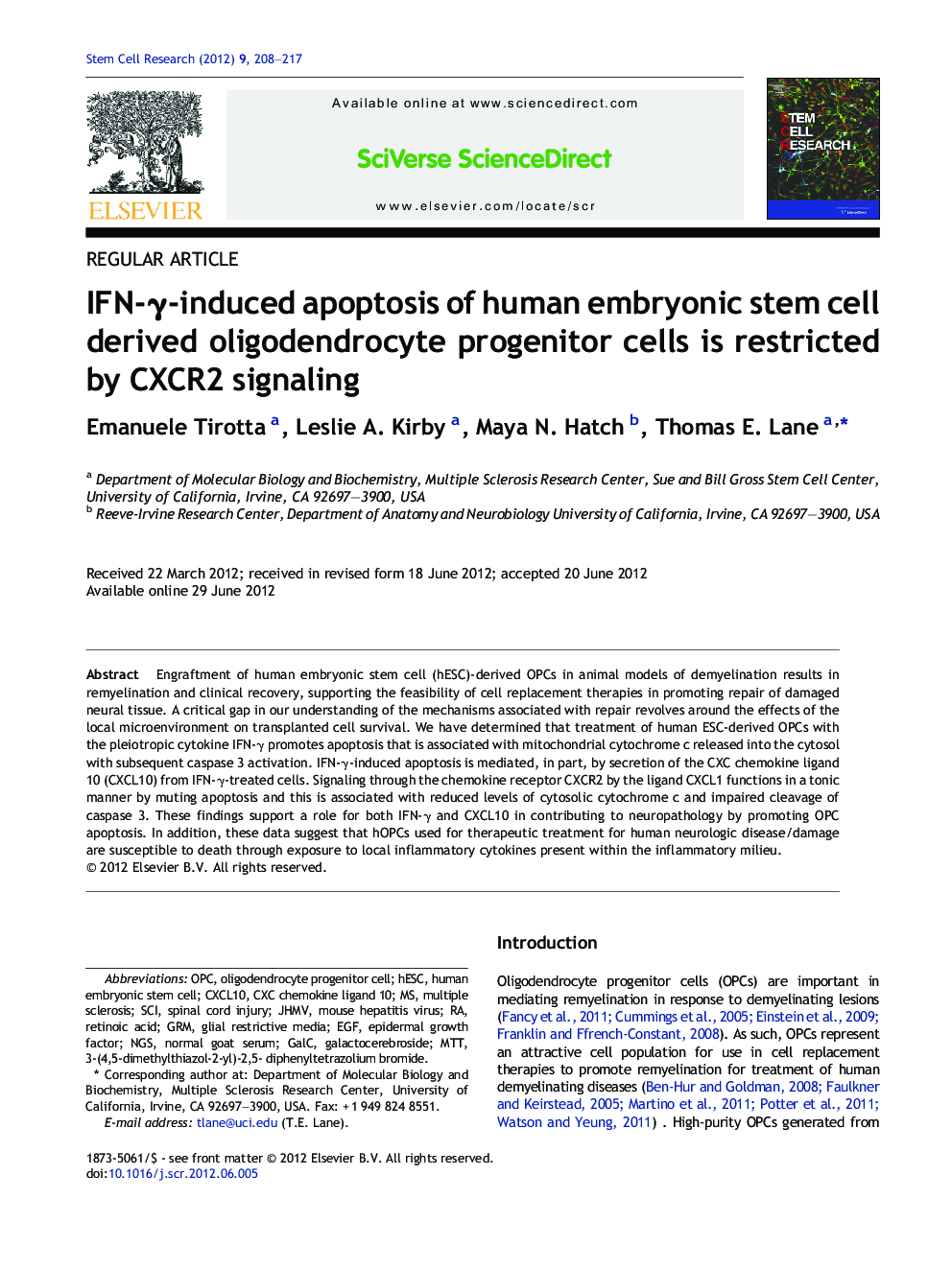 IFN-Î³-induced apoptosis of human embryonic stem cell derived oligodendrocyte progenitor cells is restricted by CXCR2 signaling