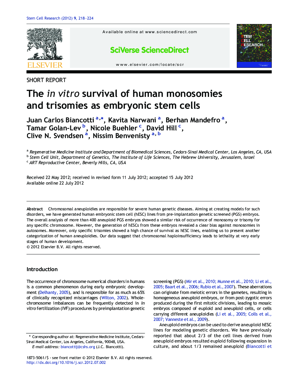 The in vitro survival of human monosomies and trisomies as embryonic stem cells