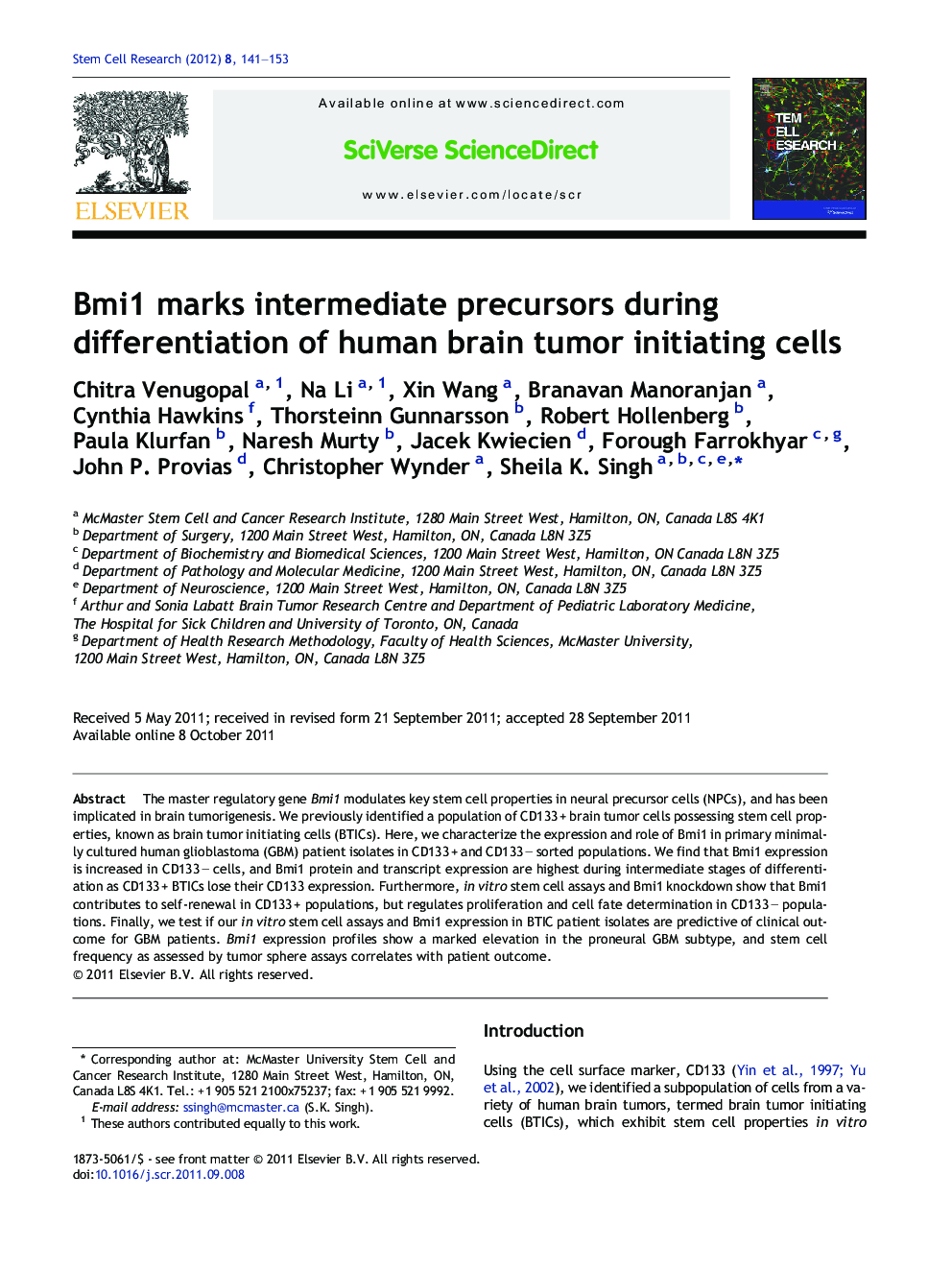Bmi1 marks intermediate precursors during differentiation of human brain tumor initiating cells