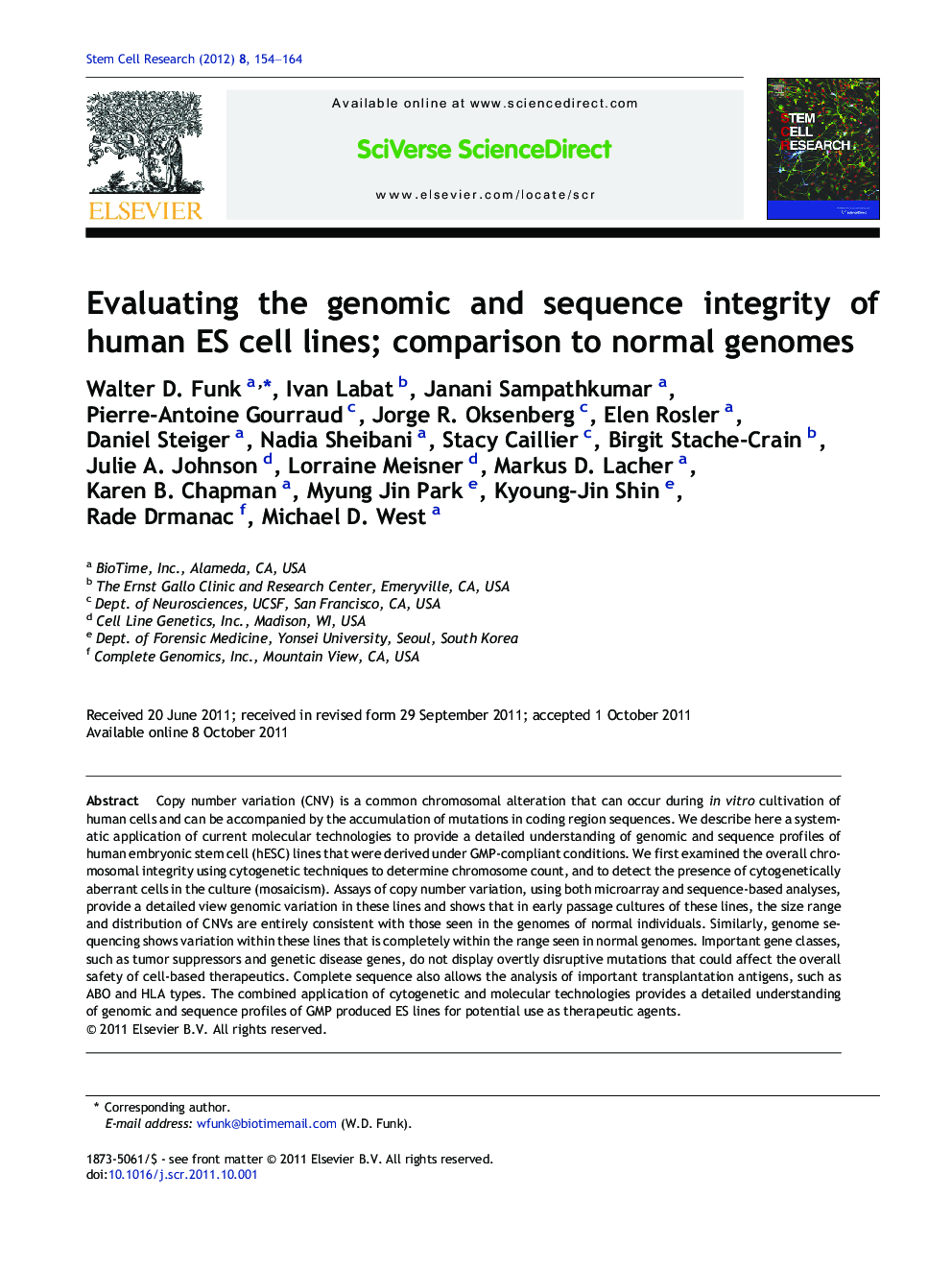 Evaluating the genomic and sequence integrity of human ES cell lines; comparison to normal genomes