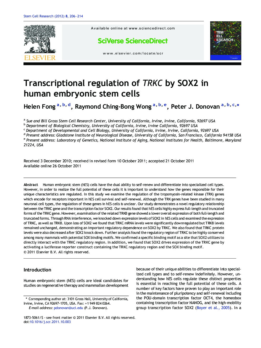 Transcriptional regulation of TRKC by SOX2 in human embryonic stem cells