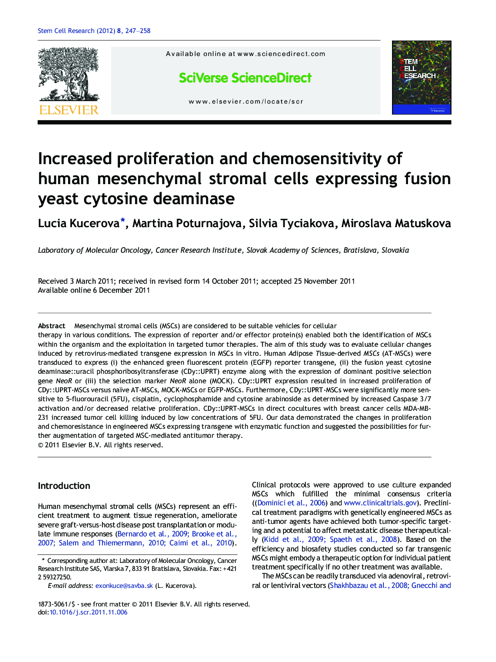 Increased proliferation and chemosensitivity of human mesenchymal stromal cells expressing fusion yeast cytosine deaminase