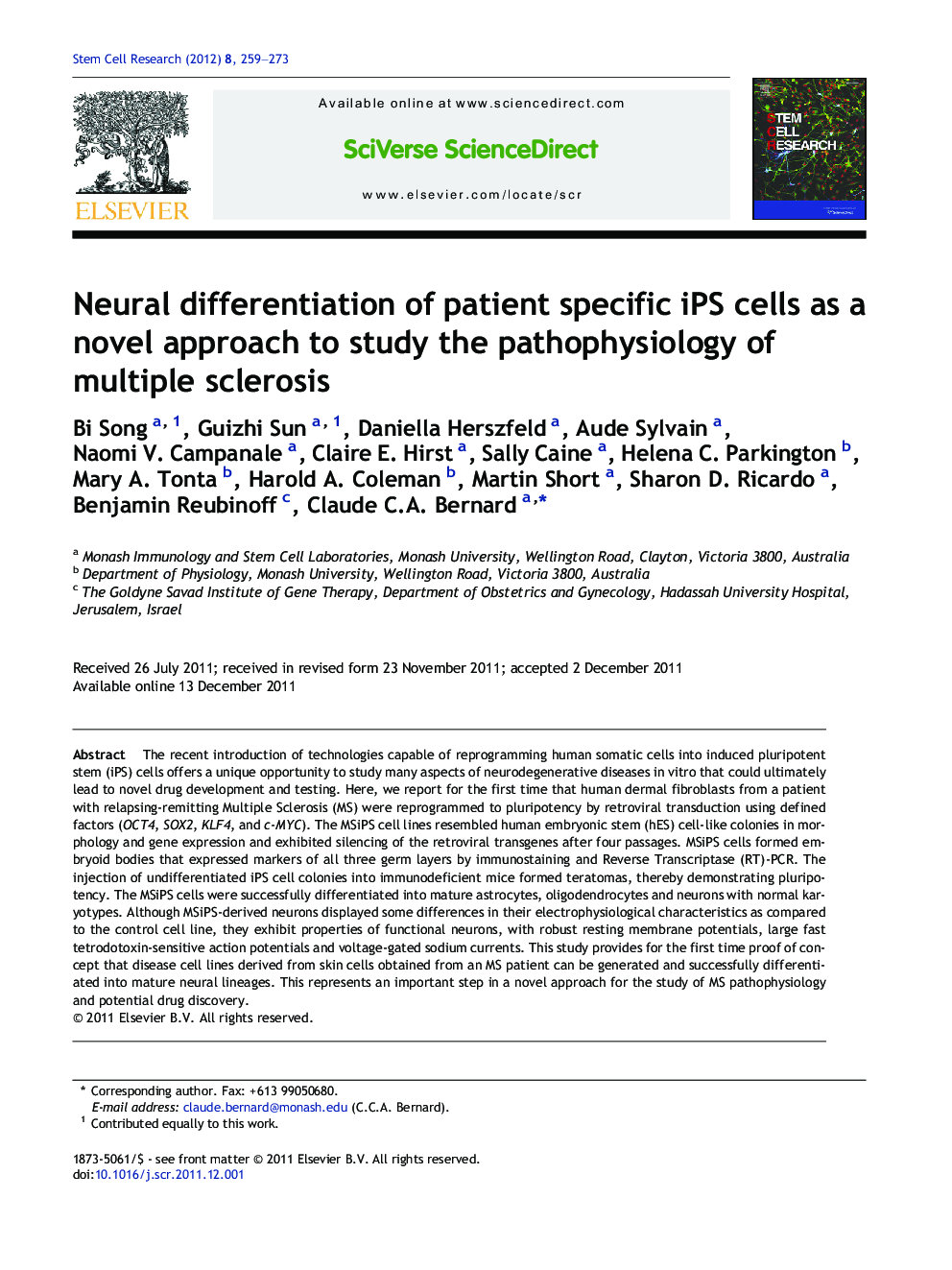 Neural differentiation of patient specific iPS cells as a novel approach to study the pathophysiology of multiple sclerosis