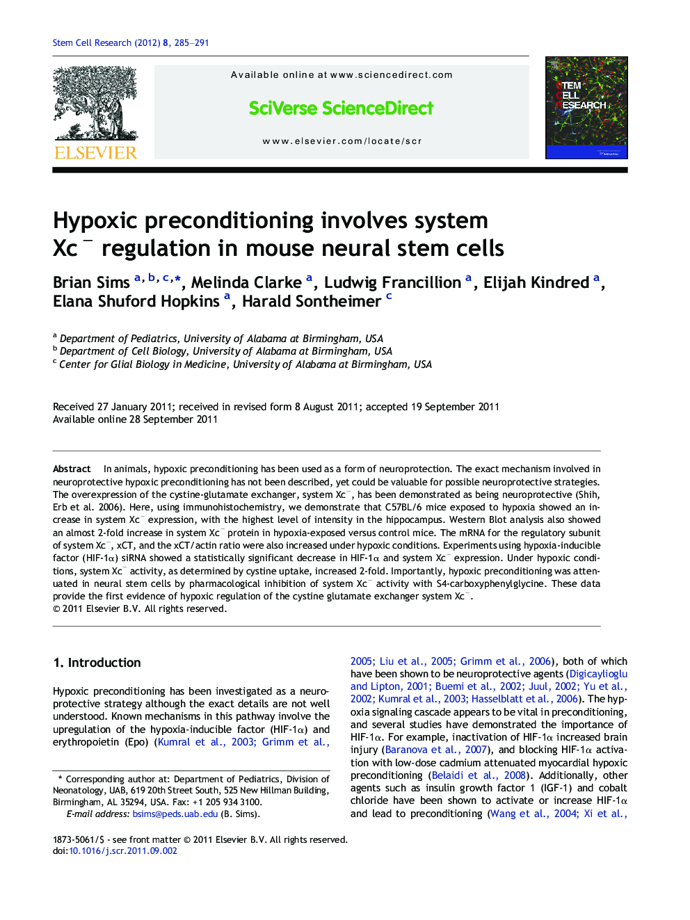 Hypoxic preconditioning involves system Xcâ regulation in mouse neural stem cells