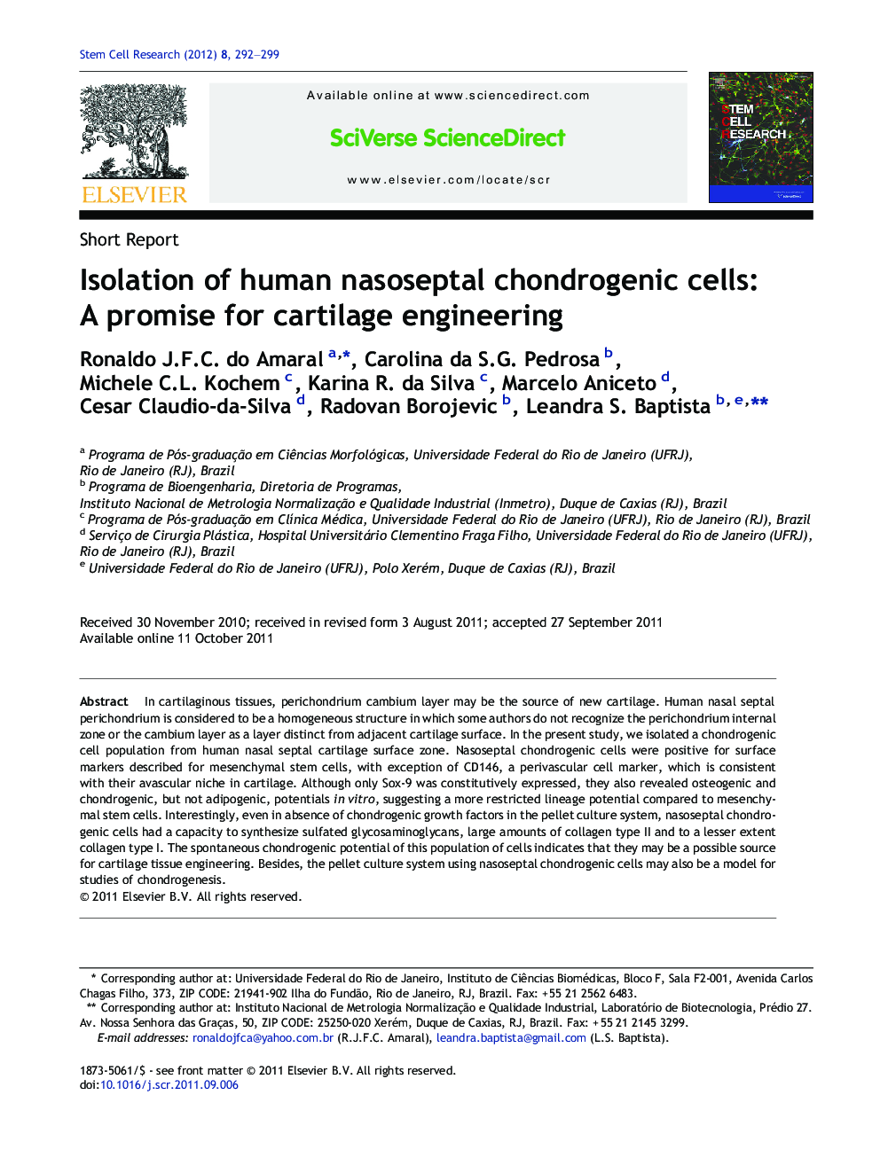 Isolation of human nasoseptal chondrogenic cells: A promise for cartilage engineering