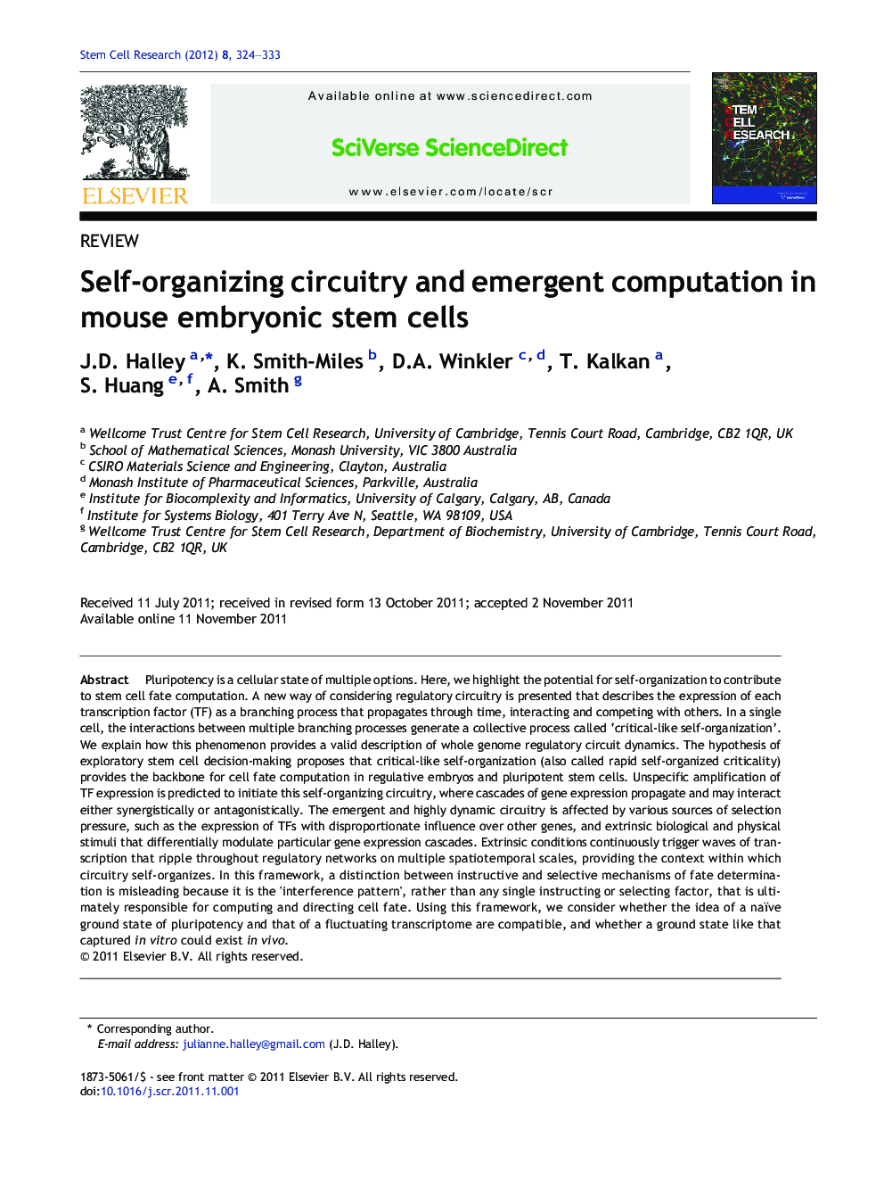 Self-organizing circuitry and emergent computation in mouse embryonic stem cells