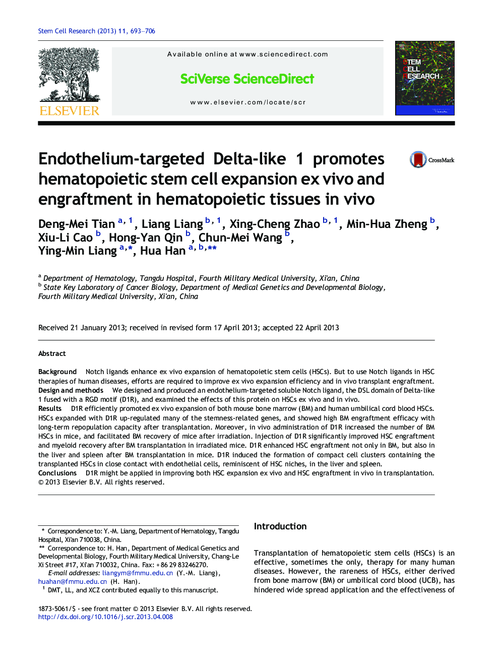 Endothelium-targeted Delta-like 1 promotes hematopoietic stem cell expansion ex vivo and engraftment in hematopoietic tissues in vivo