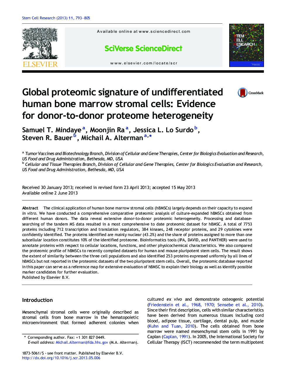 Global proteomic signature of undifferentiated human bone marrow stromal cells: Evidence for donor-to-donor proteome heterogeneity