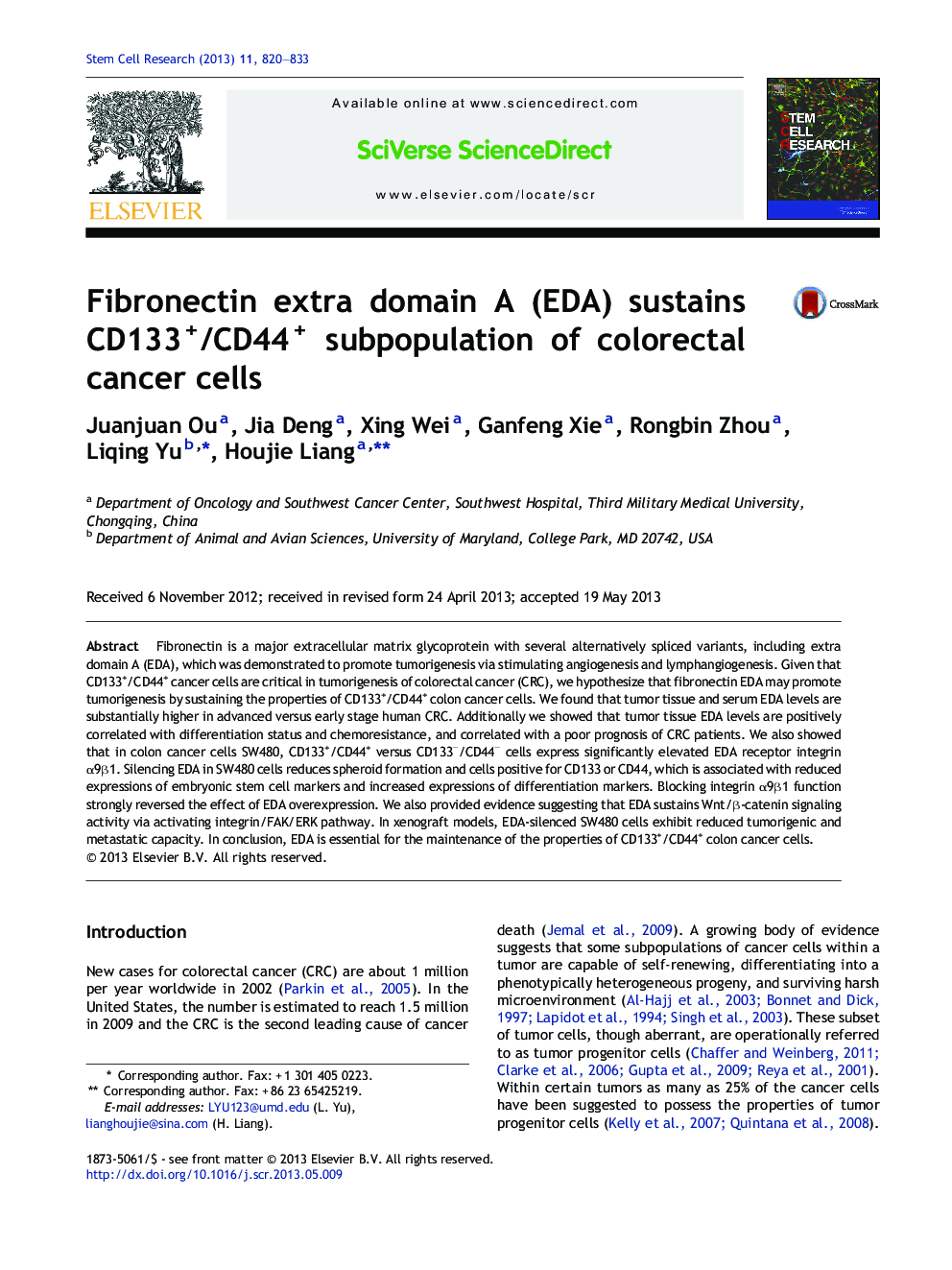 Fibronectin extra domain A (EDA) sustains CD133+/CD44+ subpopulation of colorectal cancer cells