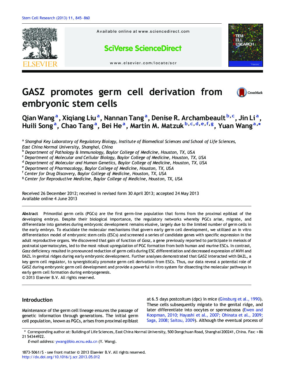 GASZ promotes germ cell derivation from embryonic stem cells