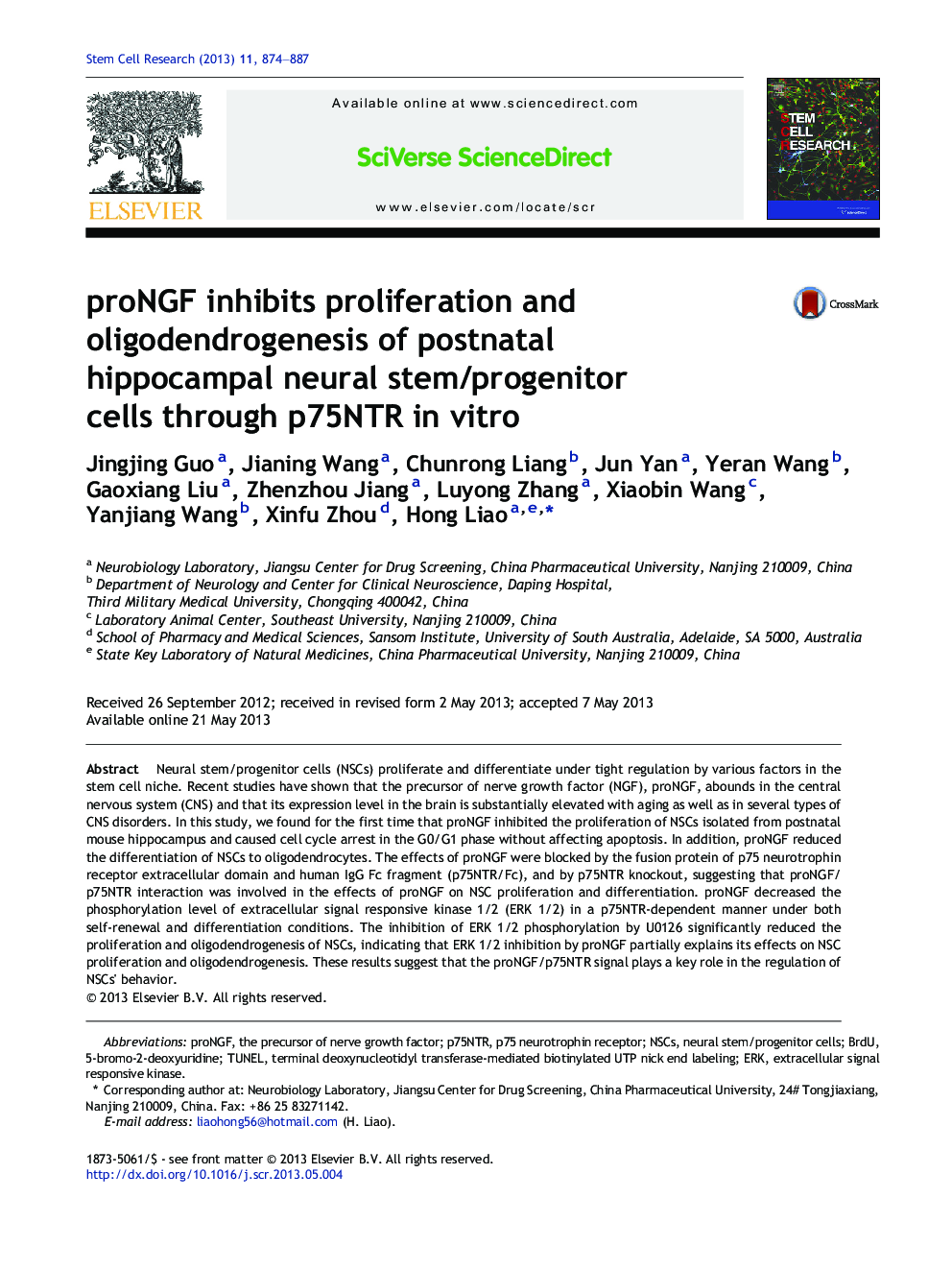 proNGF inhibits proliferation and oligodendrogenesis of postnatal hippocampal neural stem/progenitor cells through p75NTR in vitro