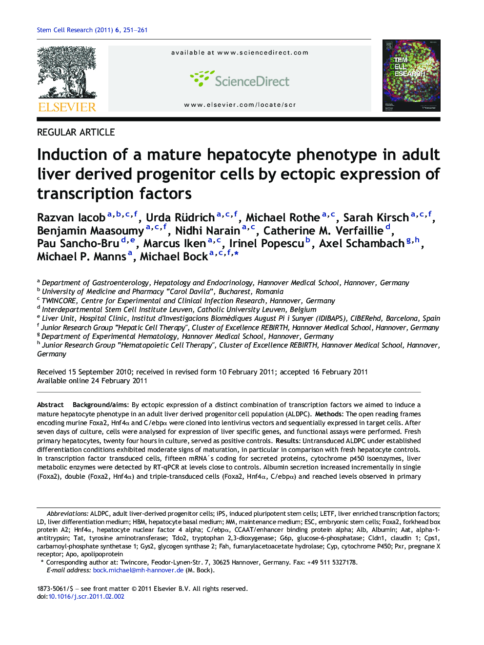 Induction of a mature hepatocyte phenotype in adult liver derived progenitor cells by ectopic expression of transcription factors