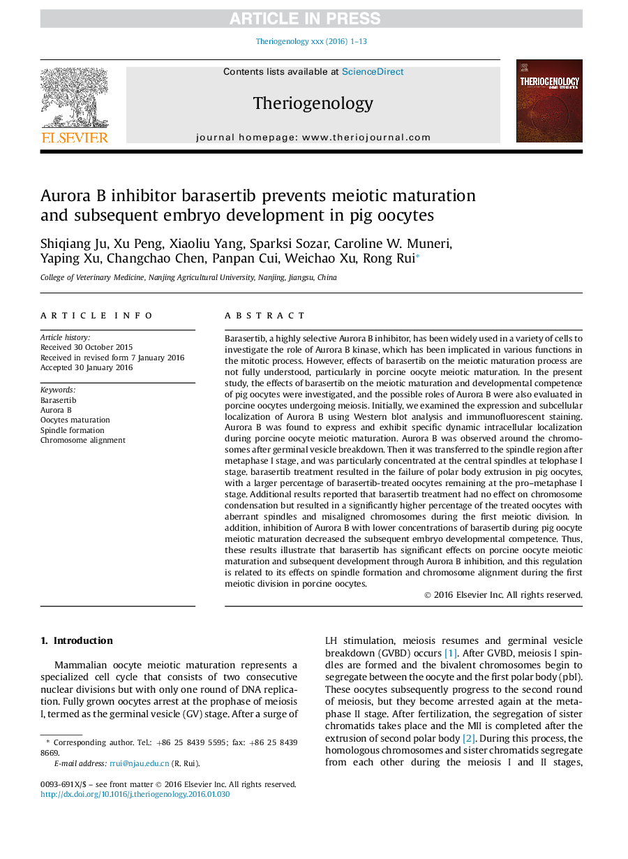 Aurora B inhibitor barasertib prevents meiotic maturation and subsequent embryo development in pig oocytes