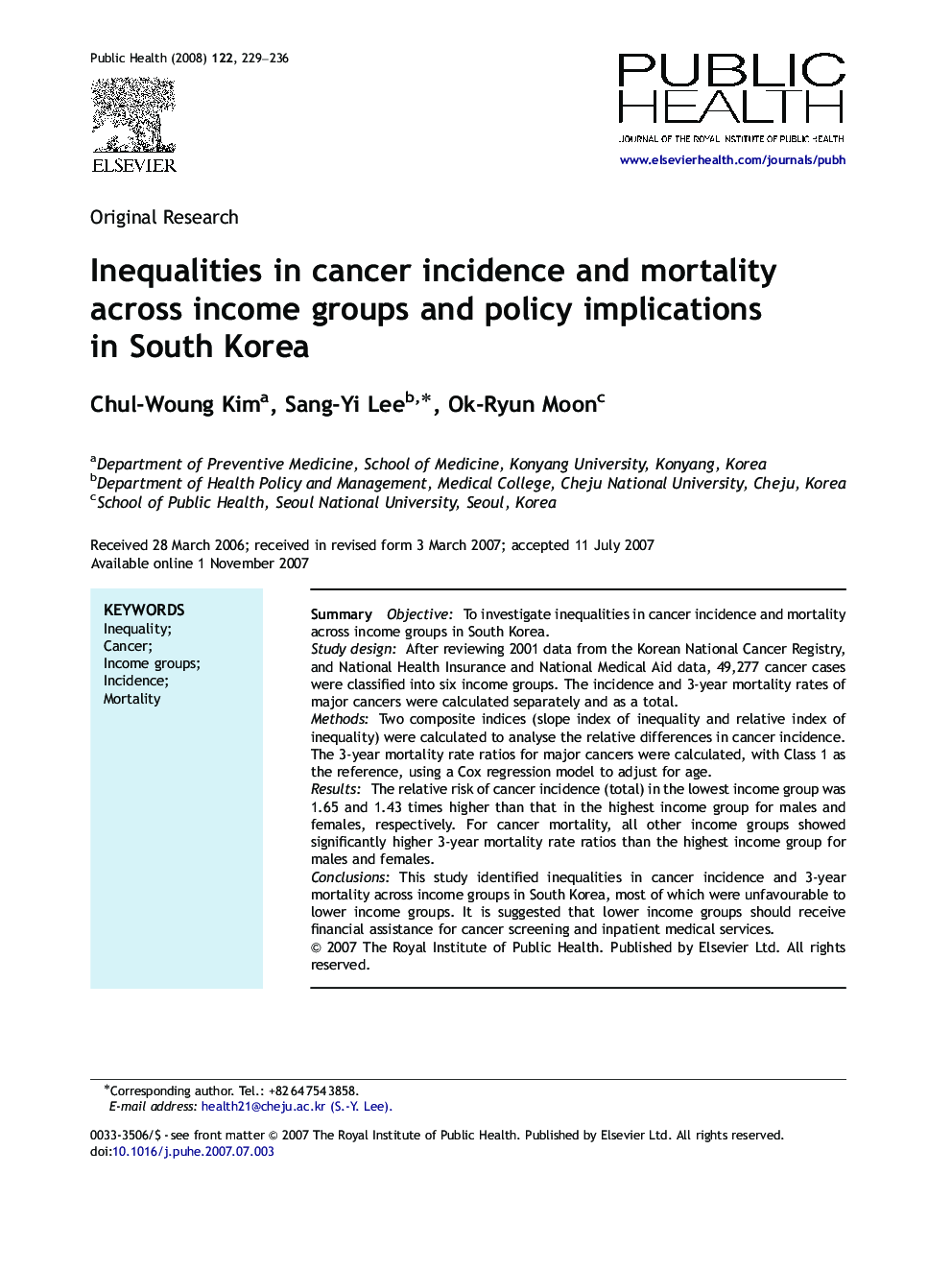 Inequalities in cancer incidence and mortality across income groups and policy implications in South Korea