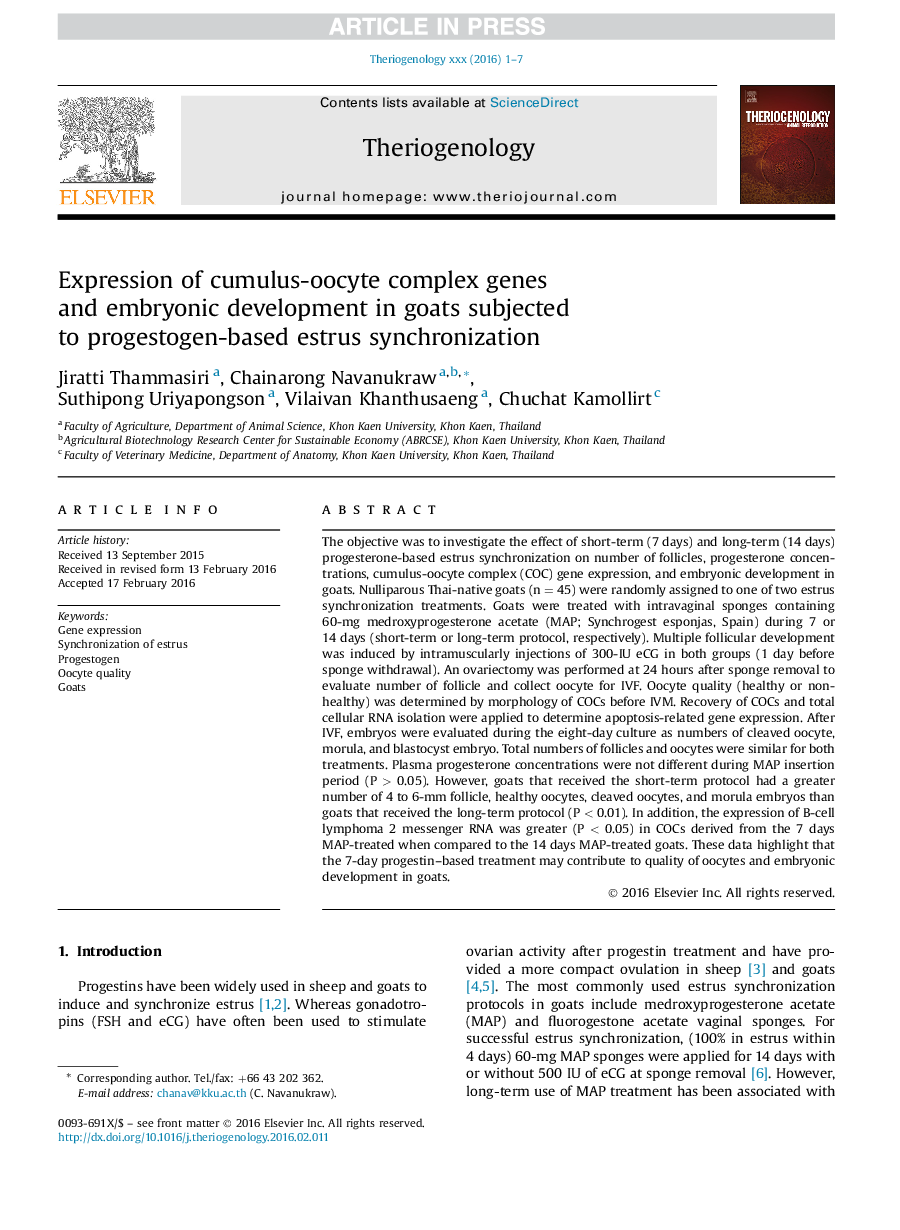 Expression of cumulus-oocyte complex genes andÂ embryonic development in goats subjected toÂ progestogen-based estrus synchronization