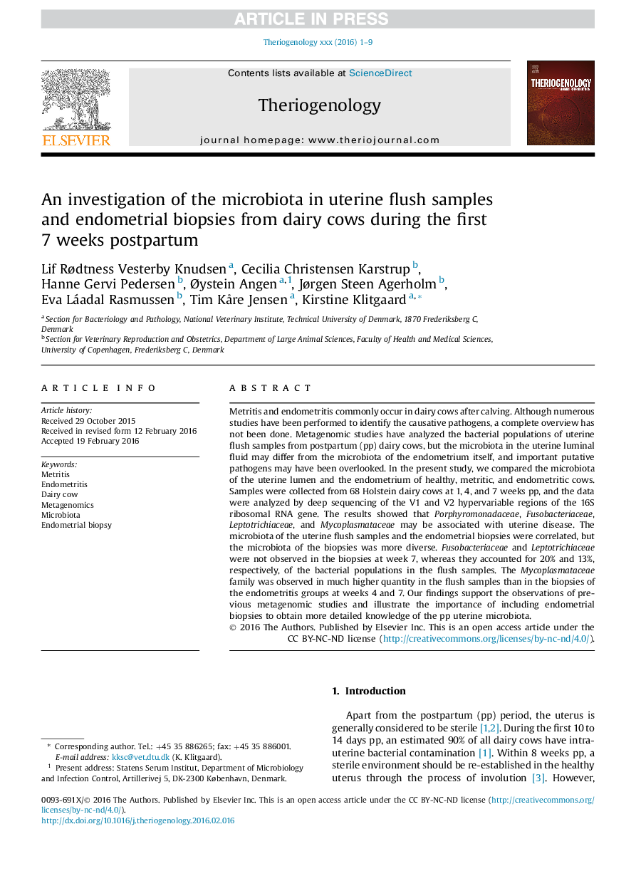 An investigation of the microbiota in uterine flush samples and endometrial biopsies from dairy cows during the first 7Â weeks postpartum