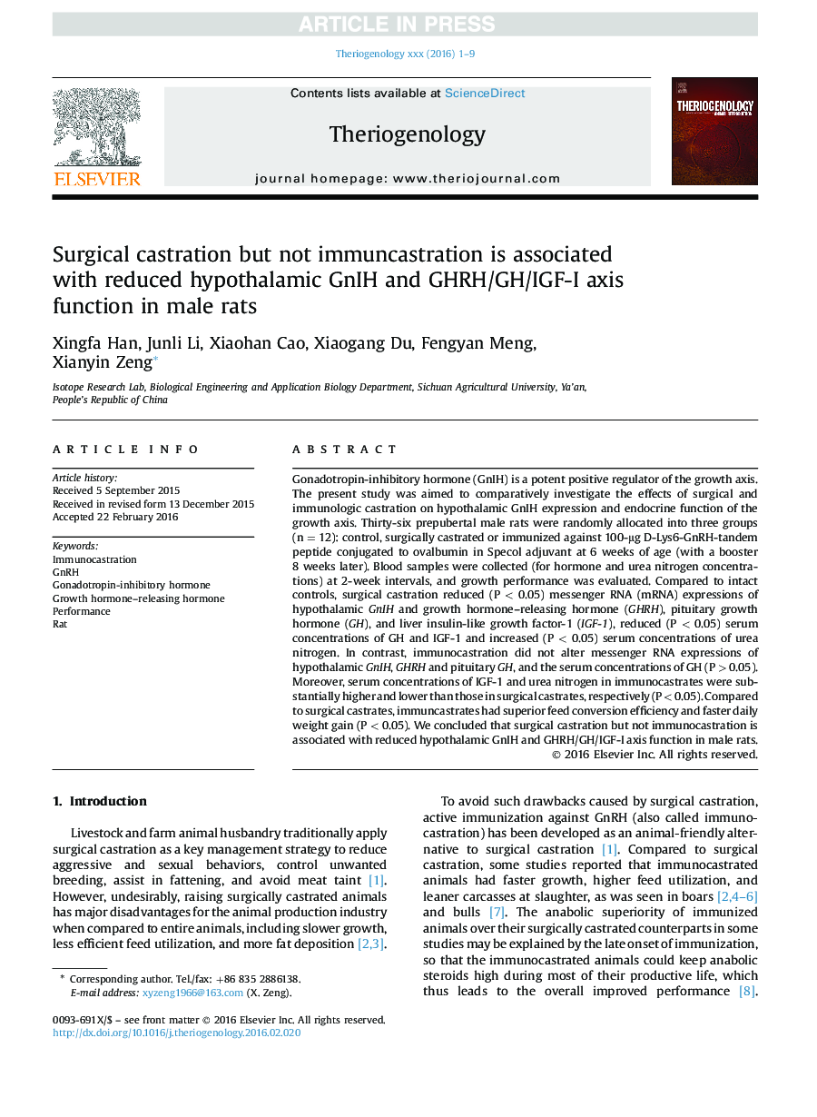 Surgical castration but not immuncastration is associated with reduced hypothalamic GnIH and GHRH/GH/IGF-I axis function in male rats