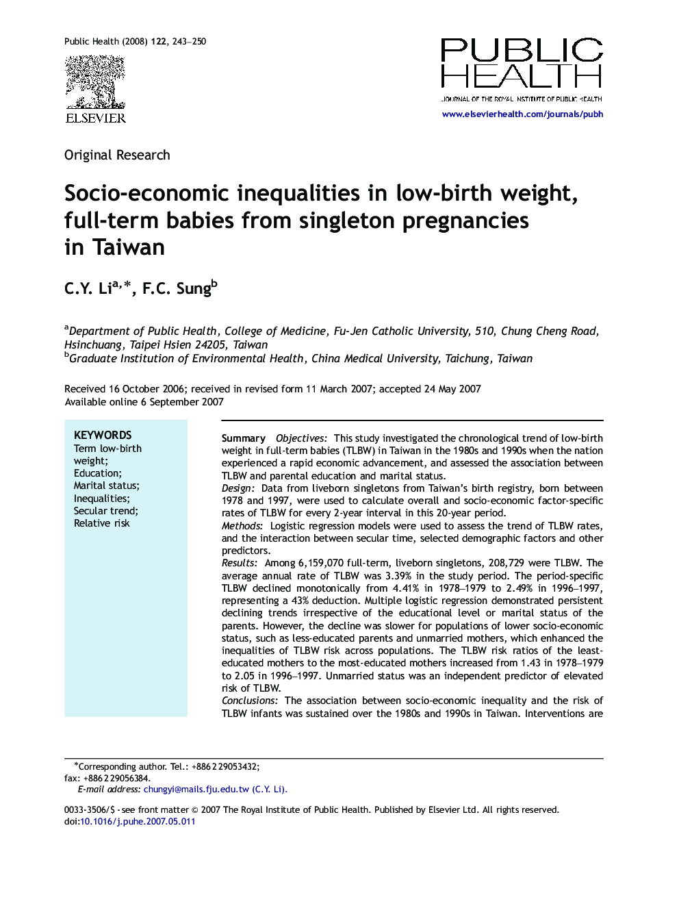 Socio-economic inequalities in low-birth weight, full-term babies from singleton pregnancies in Taiwan