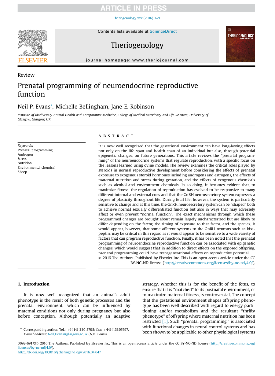 Prenatal programming of neuroendocrine reproductive function