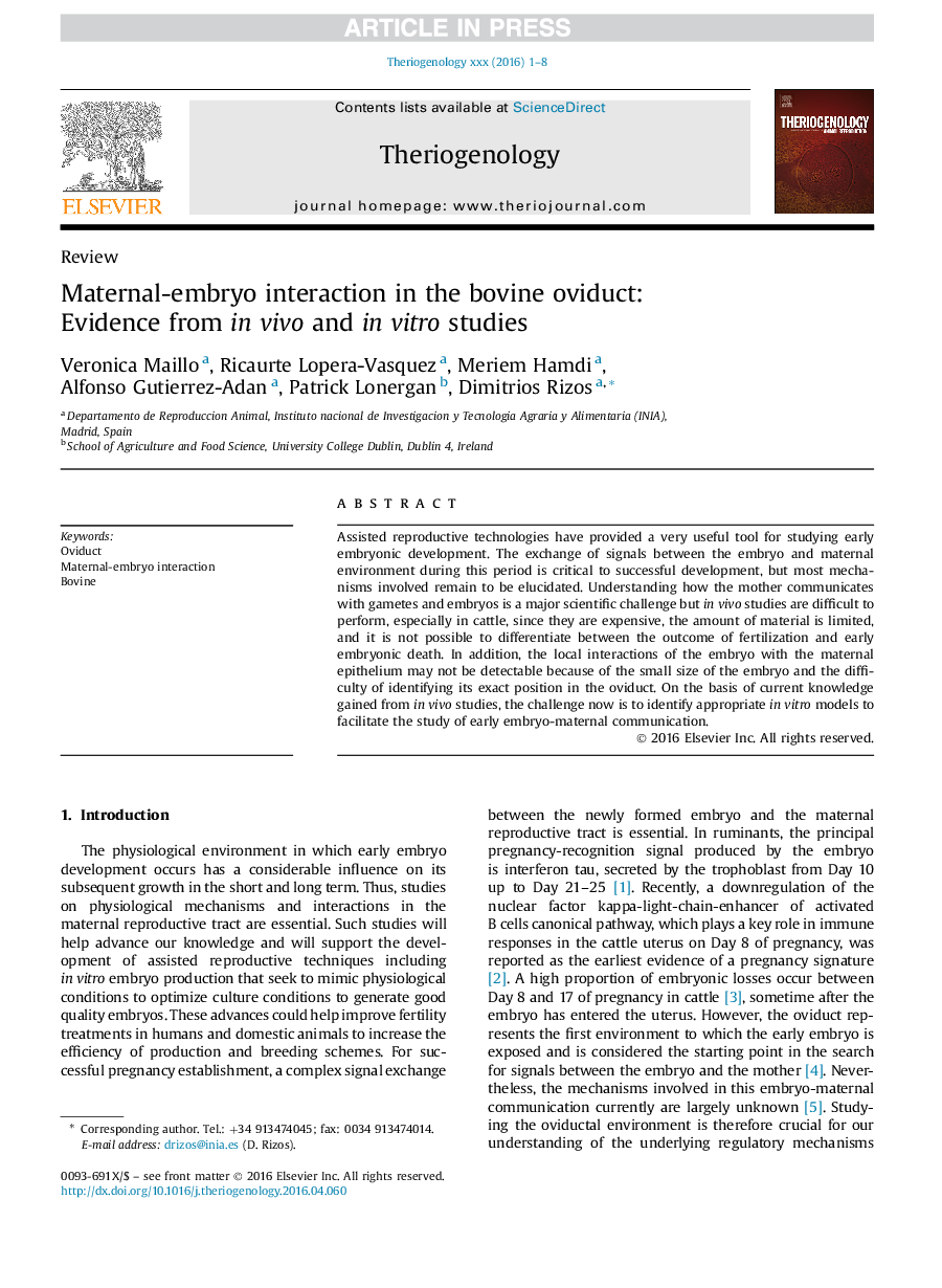 Maternal-embryo interaction in the bovine oviduct: Evidence from inÂ vivo and inÂ vitro studies