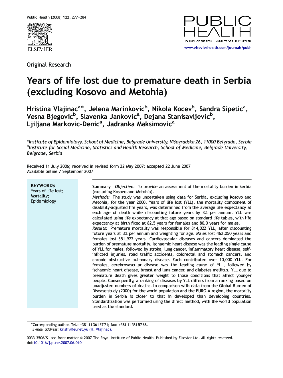 Years of life lost due to premature death in Serbia (excluding Kosovo and Metohia)