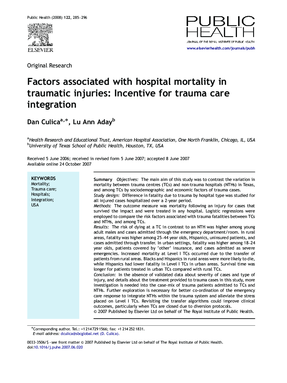 Factors associated with hospital mortality in traumatic injuries: Incentive for trauma care integration