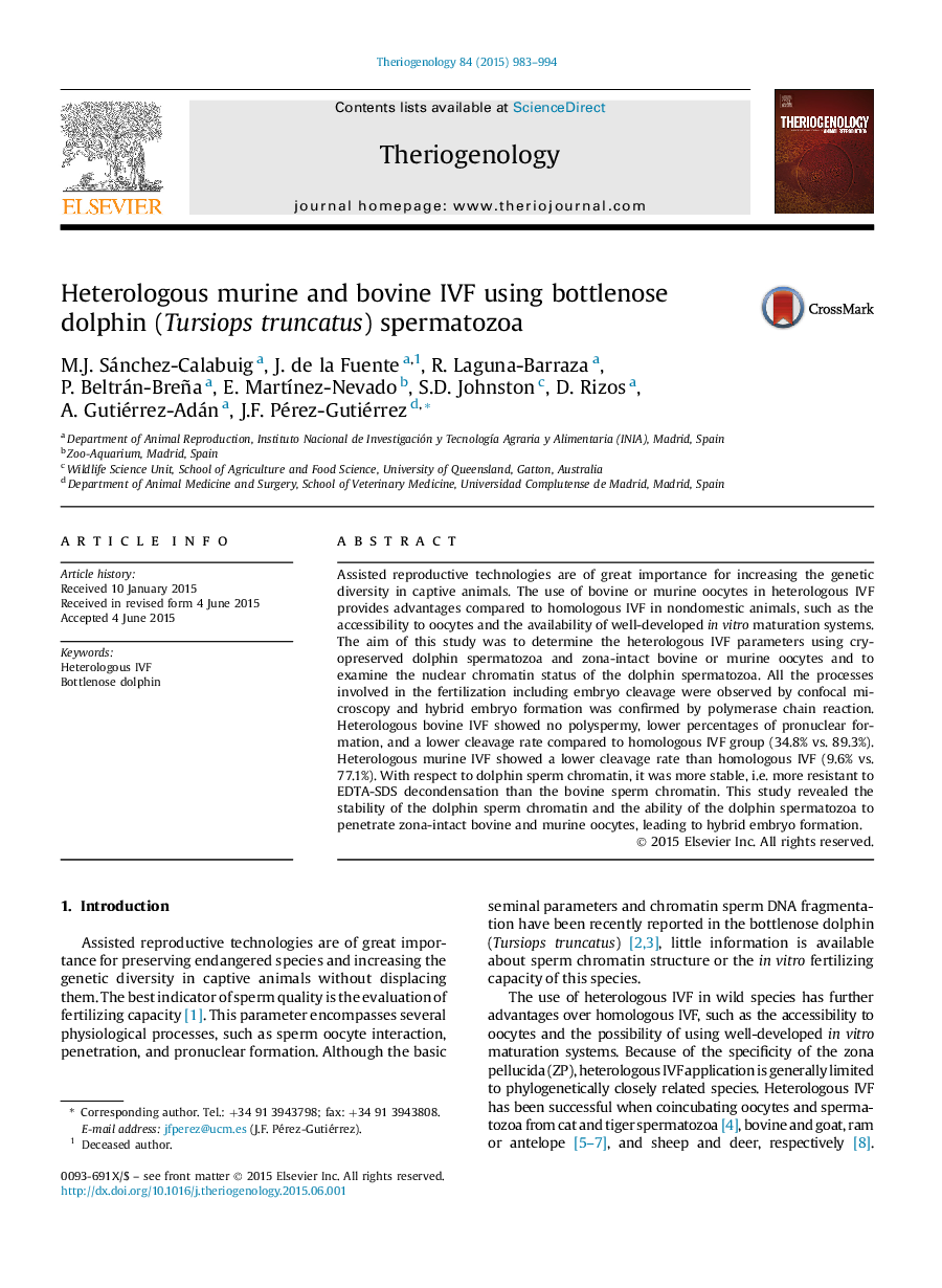 Heterologous murine and bovine IVF using bottlenose dolphin (Tursiops truncatus) spermatozoa