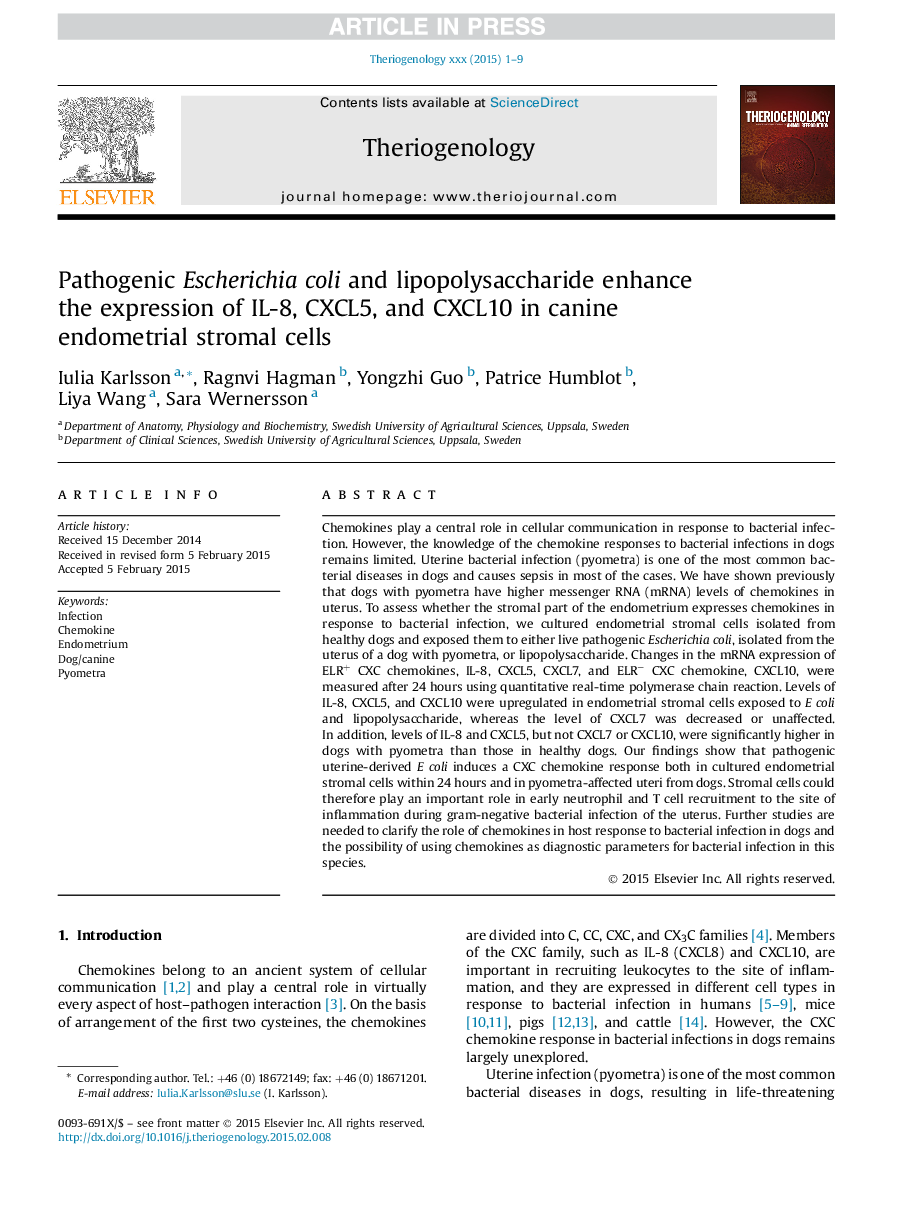 Pathogenic Escherichia coli and lipopolysaccharide enhance the expression of IL-8, CXCL5, and CXCL10 in canine endometrial stromal cells